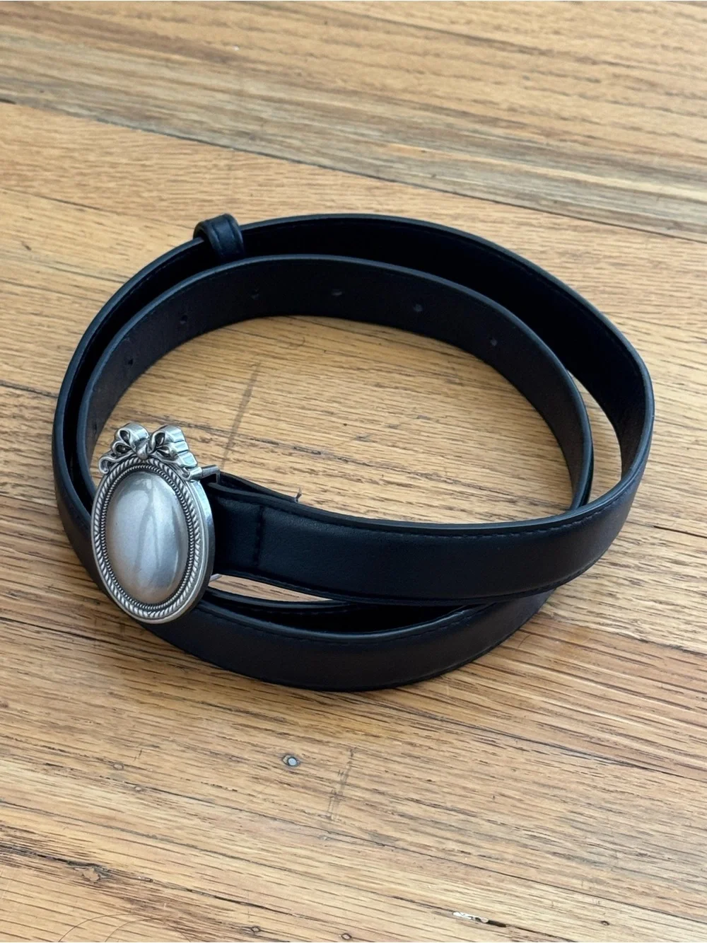 Vintage Black Belt with Silver Oval Bow Buckle